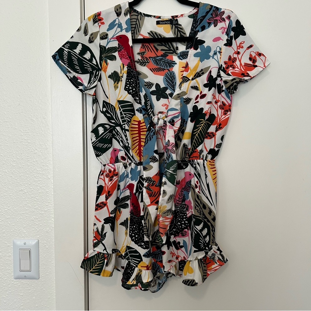 Boohoo Printed Tie Front Playsuit multi colored